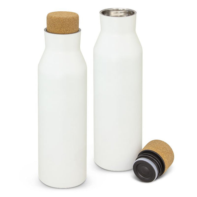 Set of 3 elegant white Moana vacuum bottles, 630ml, stainless steel, double-wall, cork lids, keeps drinks cold for 24h or hot for 12h.