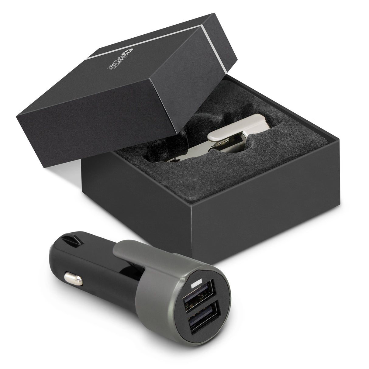 3-in-1 Safety Charger by Swiss Peak with dual USB ports, seat belt cutter, and window-breaking hammer, elegantly packaged.