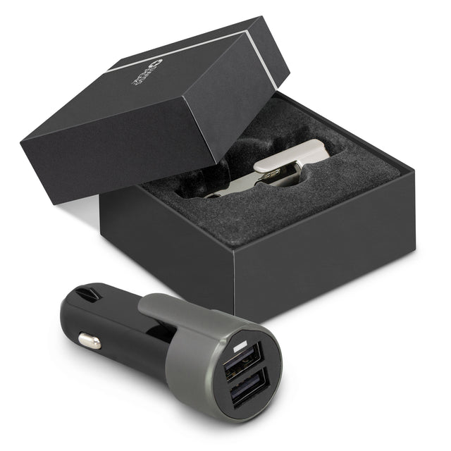 3-in-1 Safety Charger by Swiss Peak with dual USB ports, seat belt cutter, and window-breaking hammer, elegantly packaged.