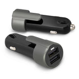 3-in-1 Safety Charger by Swiss Peak with dual USB ports, seat belt cutter, and emergency window hammer in sleek black design.