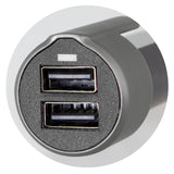 3-in-1 Safety Charger by Swiss Peak with dual USB ports, seat belt cutter, and window-breaking hammer in a sleek black design.