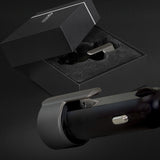 3-in-1 Safety Charger by Swiss Peak with dual USB ports, seat belt cutter, and hammer in sleek black design for travel safety.