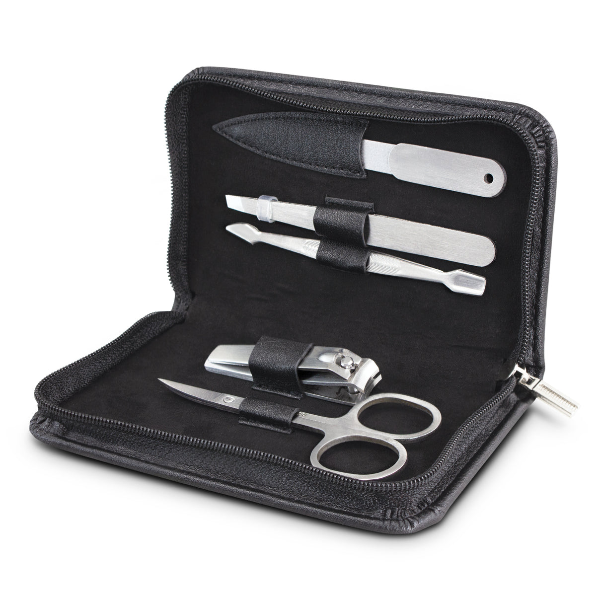 Swiss Peak black manicure set with five stainless steel tools in a stylish PU case, ideal for home or travel nail care.