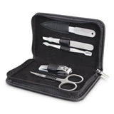 Swiss Peak black manicure set with five stainless steel tools in a stylish PU case, ideal for home or travel nail care.