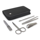 Swiss Peak Manicure Set in black featuring five high-quality stainless steel tools in a stylish PU case with a gift box.