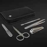 Black Swiss Peak Manicure Set featuring five stainless steel tools in an elegant case, perfect for travel and home grooming.