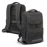 Stylish black Swiss Peak Voyager Laptop Backpack with padded laptop pocket, RFID protection, and USB outlet for travel convenience.