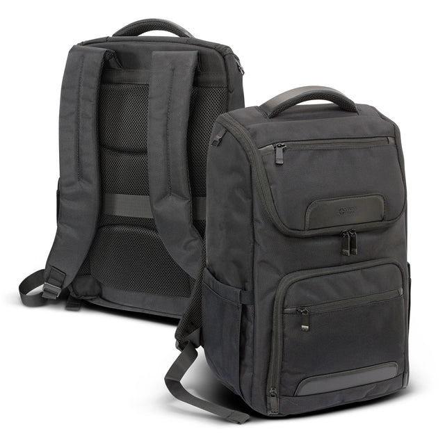 Stylish black Swiss Peak Voyager Laptop Backpack with padded laptop pocket, RFID protection, and USB outlet for travel convenience.