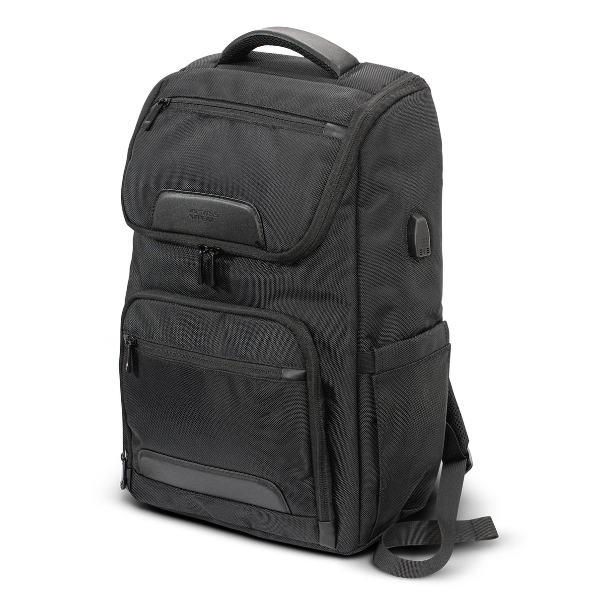 Sleek black Swiss Peak Voyager Laptop Backpack with padded laptop pocket, RFID protection, USB outlet, and durable construction.