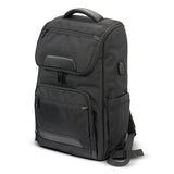 Sleek black Swiss Peak Voyager Laptop Backpack with padded laptop pocket, RFID protection, USB outlet, and durable construction.