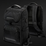 Sleek black Swiss Peak Voyager Laptop Backpack with RFID pockets, USB outlet, padded straps, and 15-inch laptop compartment.
