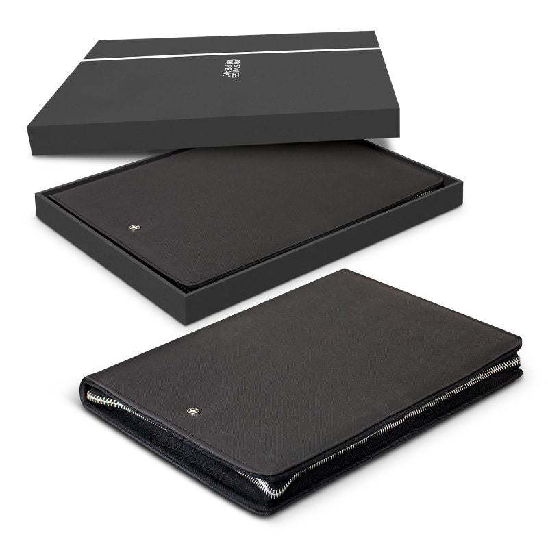 Sleek black A4 portfolio with zipper, Italian PU leather, includes notepad, phone stand, card slots, and 3D Swiss Peak badge.