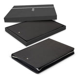 Sleek black A4 portfolio with zipper, Italian PU leather, includes notepad, phone stand, card slots, and 3D Swiss Peak badge.