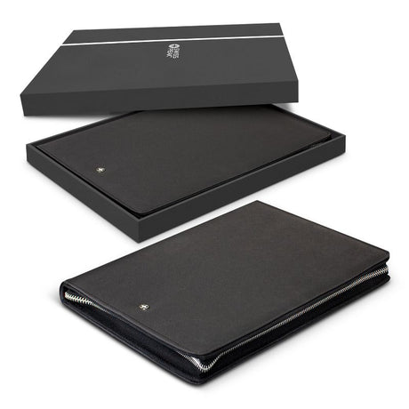 Sleek black A4 portfolio with zipper, Italian PU leather, includes notepad, phone stand, card slots, and 3D Swiss Peak badge.
