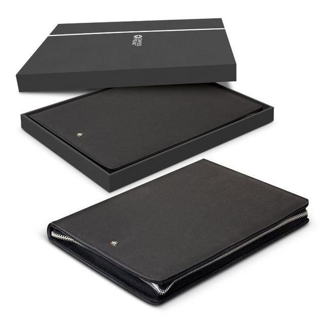 Sleek black A4 portfolio with zipper, Italian PU leather, includes notepad, phone stand, card slots, and 3D Swiss Peak badge.