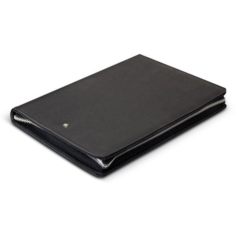 Sleek black A4 portfolio with zipper, Italian PU leather, notepad, phone stand, and multiple organizational features.