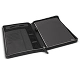 Sleek black A4 portfolio with zipper, featuring Italian PU leather, notepad, phone stand, and card slots for organization.