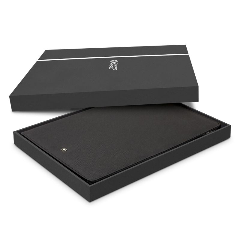 A4 black portfolio with zipper, Italian PU leather, notepad, phone stand, card slots, 3D Swiss Peak badge, and gift box.