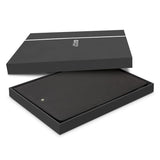 A4 black portfolio with zipper, Italian PU leather, notepad, phone stand, card slots, 3D Swiss Peak badge, and gift box.