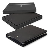 Swiss Peak Heritage A5 Portfolio in black with zipper, featuring a notepad, phone stand, and card slots for modern professionals.