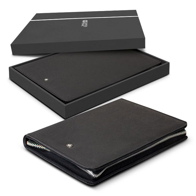 Swiss Peak Heritage A5 Portfolio in black with zipper, featuring a notepad, phone stand, and card slots for modern professionals.