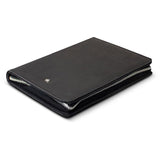 A sleek black A5 portfolio with zipper, featuring a notepad, card slots, phone stand, and 3D Swiss Peak badge.