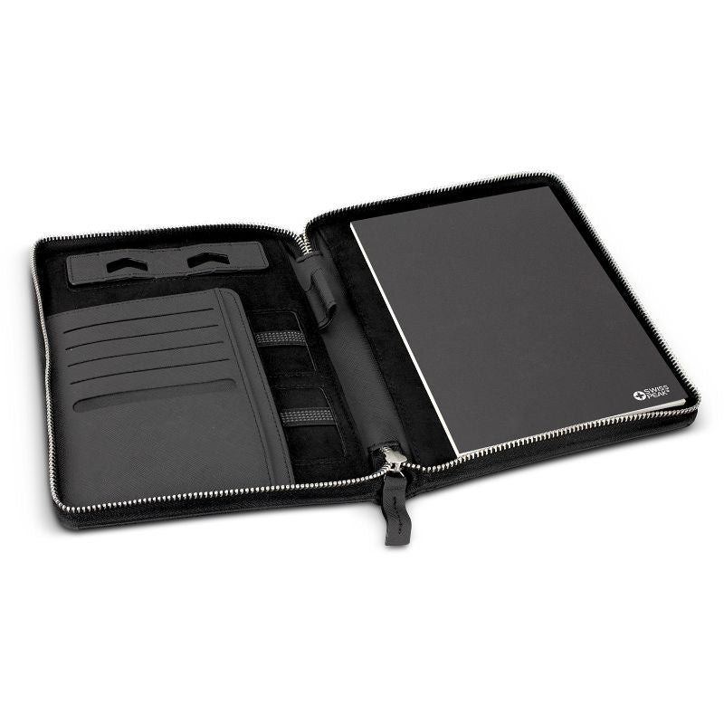 A sophisticated black A5 portfolio with zipper, featuring a notepad, phone stand, and organizational slots, elegantly designed.