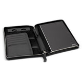 A sophisticated black A5 portfolio with zipper, featuring a notepad, phone stand, and organizational slots, elegantly designed.