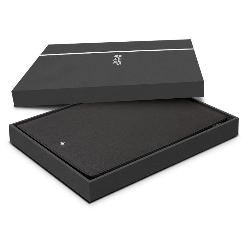 Elegant black A5 portfolio with zipper, featuring a phone stand, card slots, and high-quality notepad, in a Swiss Peak gift box.