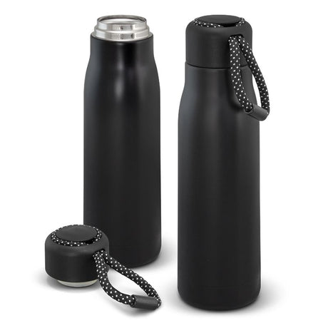 Set of 6 black vacuum-insulated bottles, 500ml, stylish design for hot/cold drinks, includes woven carry handle.
