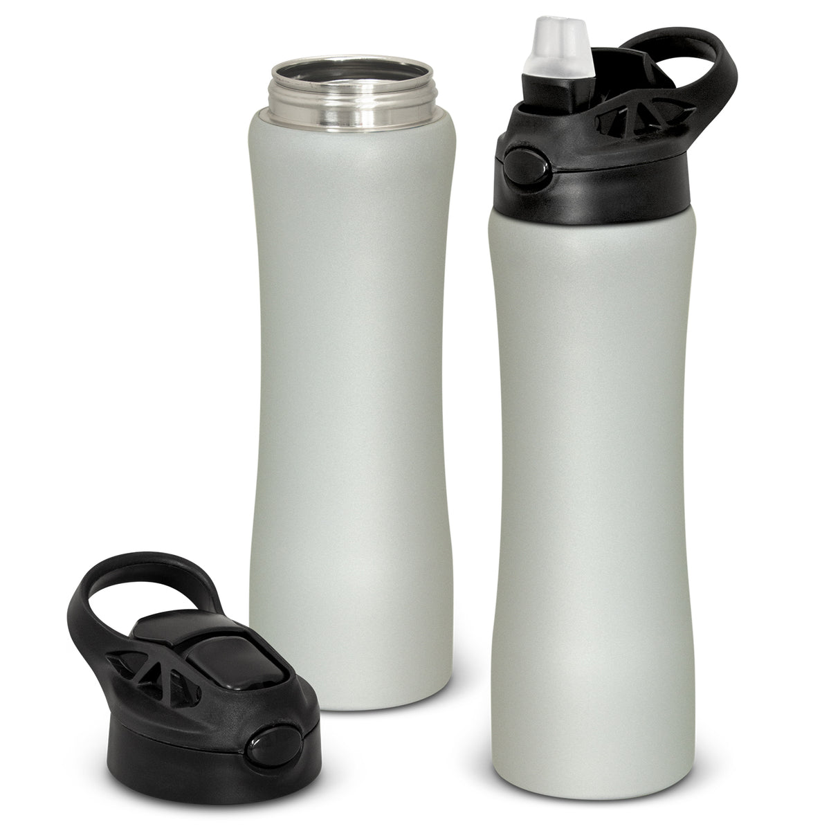 Elegant 800ml silver stainless steel bottle with a matte finish, ergonomic design, and secure lid with a drinking straw.