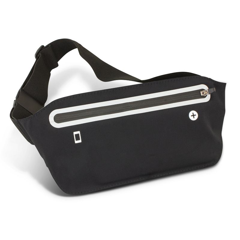 Slim black running belt set of 6 with waterproof nylon, zippered pockets, adjustable strap, and headphone outlet for workouts.