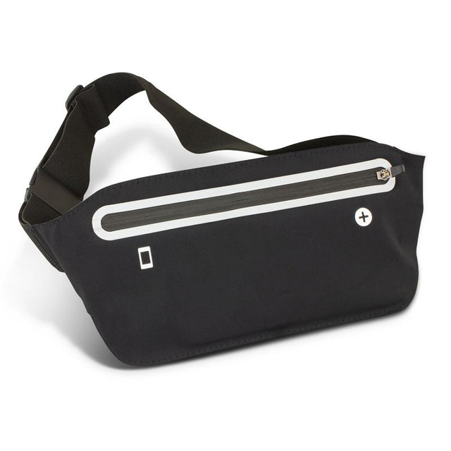 Slim black running belt set of 6 with waterproof nylon, zippered pockets, adjustable strap, and headphone outlet for workouts.