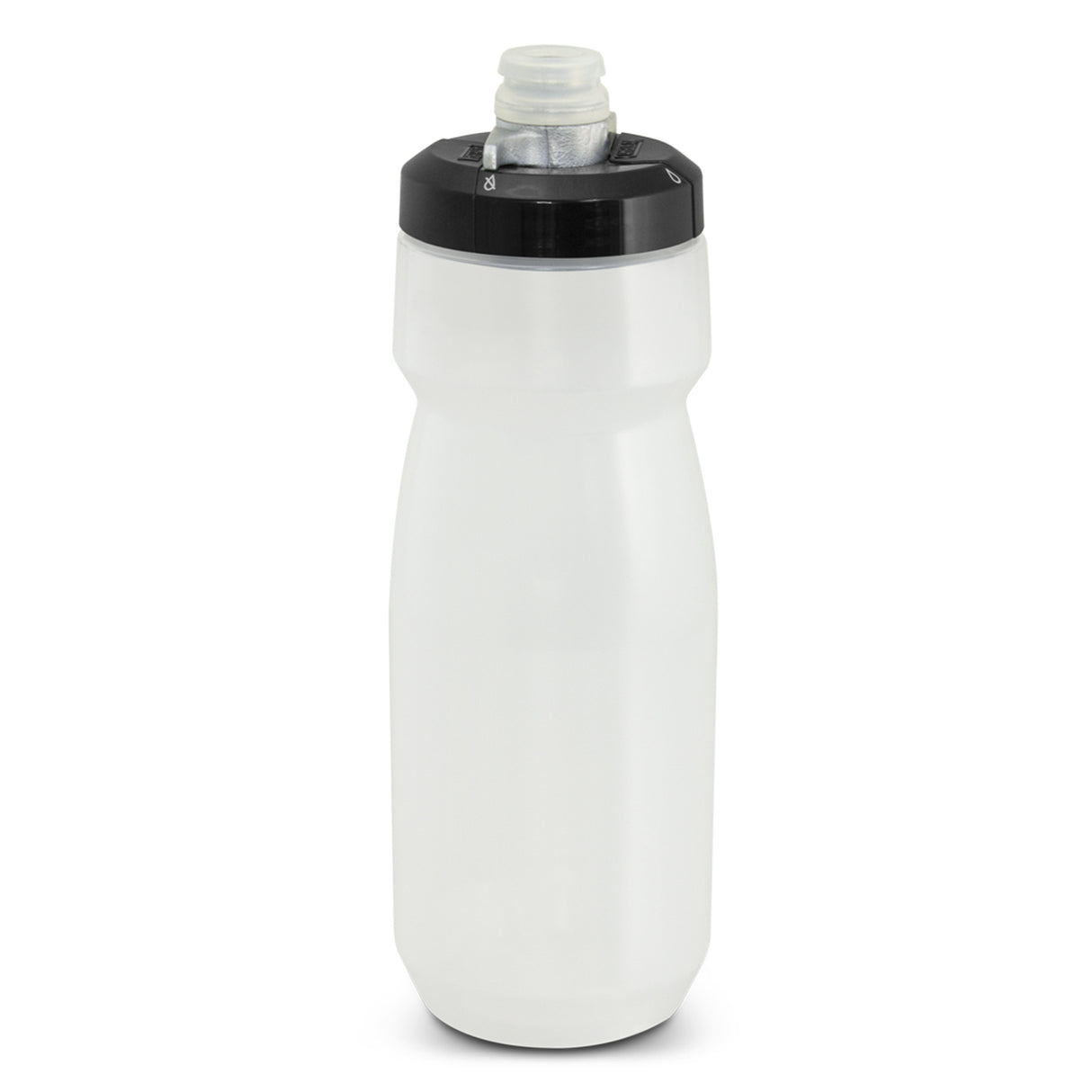 BPA-free 700ml white bike bottle with high-flow valve, designed for cycling, easy squeeze, and leak-proof when closed.
