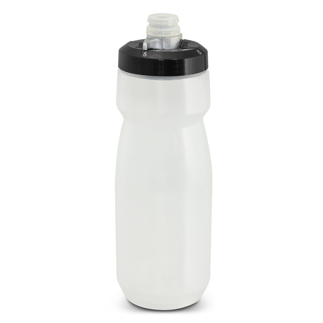 BPA-free 700ml white bike bottle with high-flow valve, designed for cycling, easy squeeze, and leak-proof when closed.
