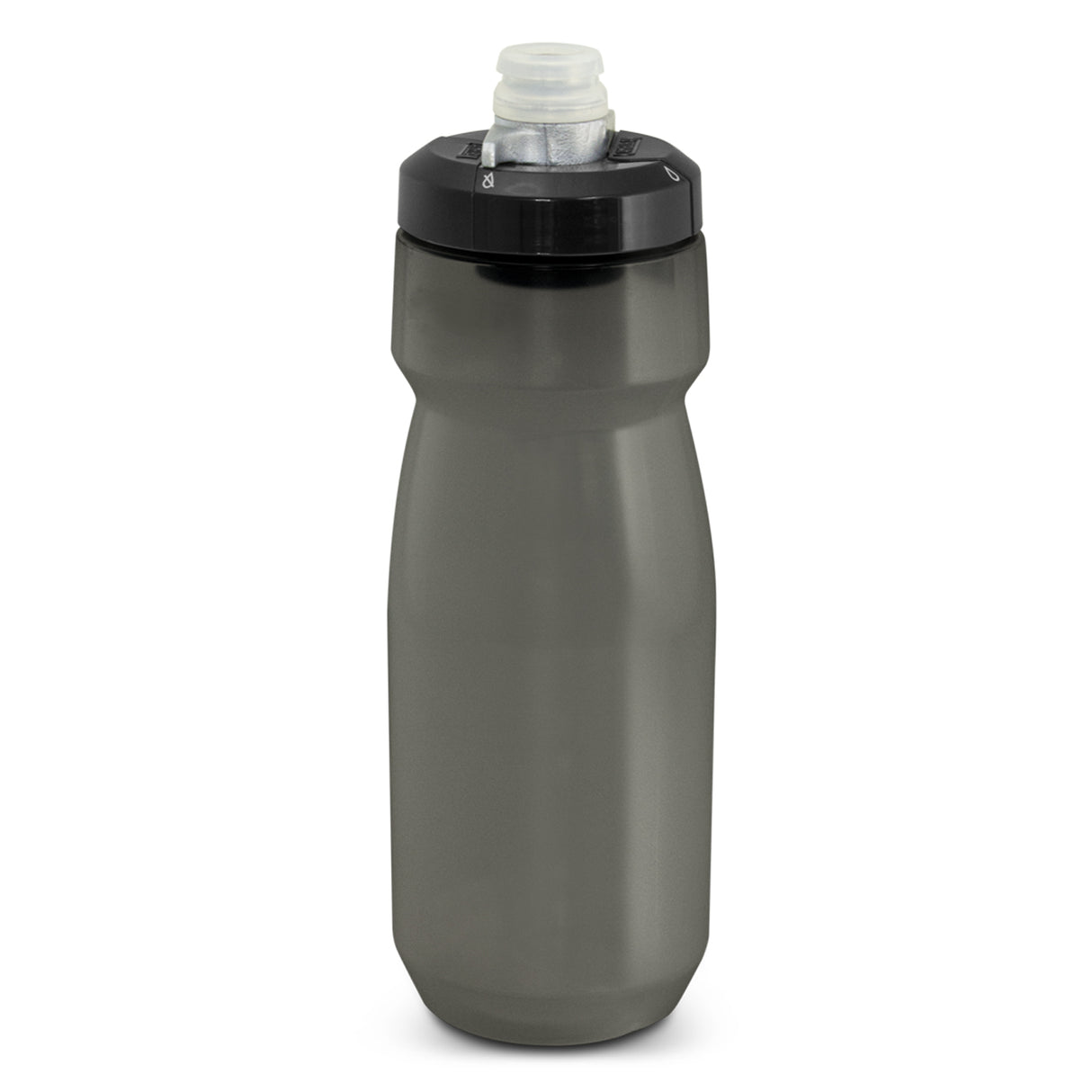 Smoke-colored 700ml bike bottle with easy squeeze design, self-sealing valve, and leak-proof lid for cyclists' hydration.