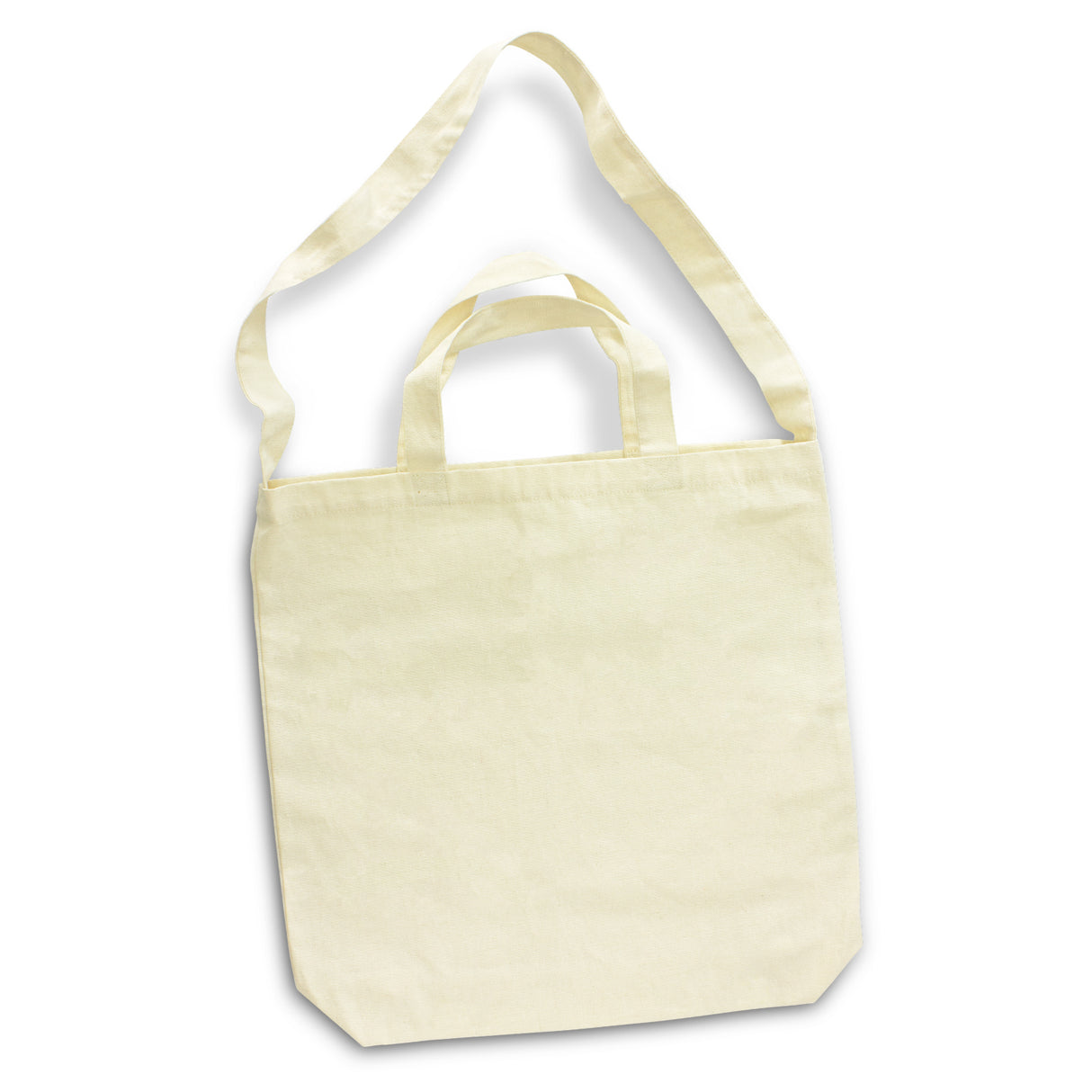 Spacious natural cotton shoulder tote bag, 400mm x 390mm, perfect for shopping and daily use; includes comfortable handles.