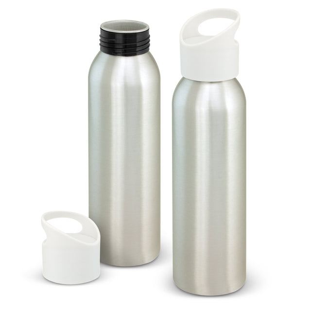 Lightweight silver 700ml aluminium bottle set of 20, featuring a secure lid, carry handle, and BPA-free design for stylish hydration.