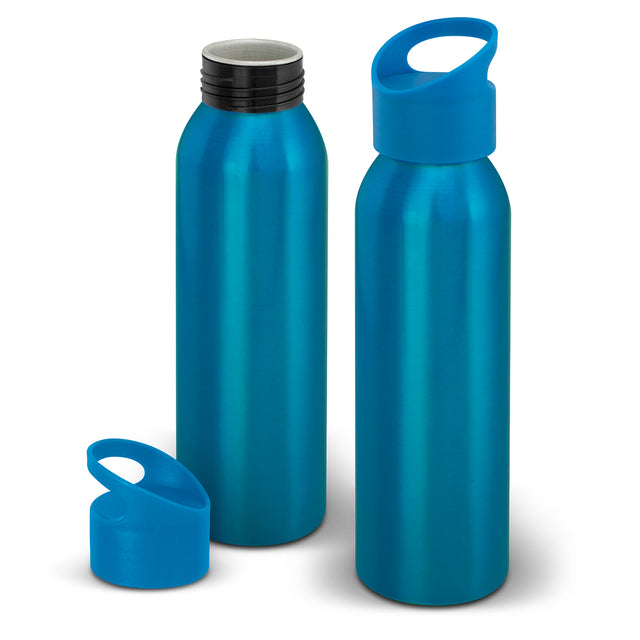 Light blue aluminium bottle set of 20, 700ml, BPA-free, with screw-on lid and carry handle, ideal for active lifestyles.