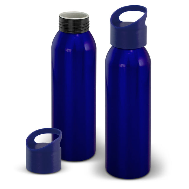 Twenty lightweight dark blue 700ml aluminium bottles with screw-on lids and ergonomic handles for stylish hydration.