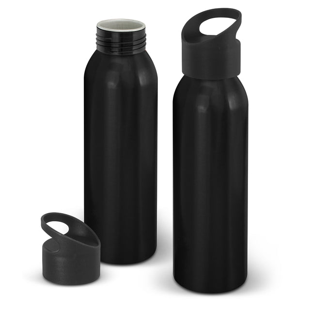 Lightweight 700ml black aluminium bottle with screw-on lid and carry handle, sold in packs of 20 units.