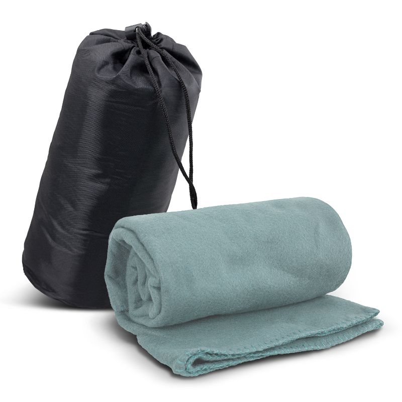 Fleece blanket in grey with carry bag, 1200mm x 1500mm, made of 240gsm polar fleece for warmth and portability.