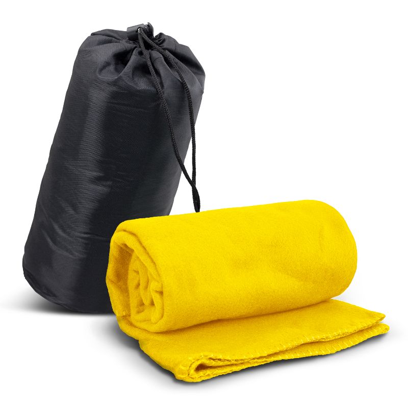 Warm yellow fleece blanket in a carry bag, perfect for cozy outdoor adventures, measuring 1200mm x 1500mm.