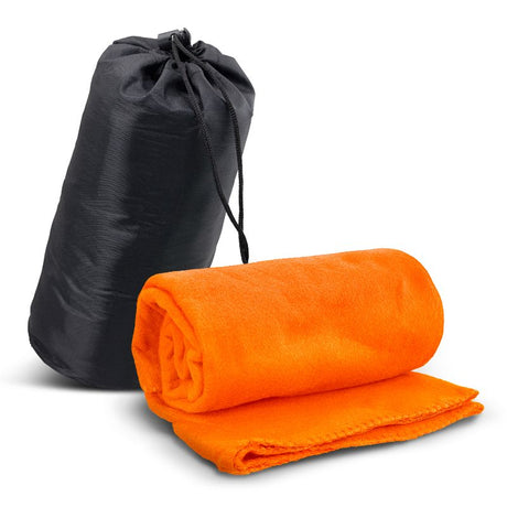 Vibrant orange fleece blanket in a drawstring bag, 1200mm x 1500mm, perfect for cozy nights or outdoor adventures.