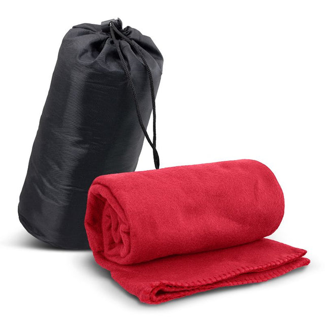 Red fleece blanket in a carry bag, measuring 1200mm x 1500mm, perfect for outdoor adventures and cozy nights.