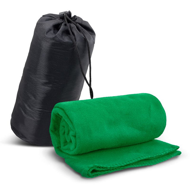 Green fleece blanket in drawstring carry bag, 1200mm x 1500mm, ideal for outdoor adventures or cozying up at home.