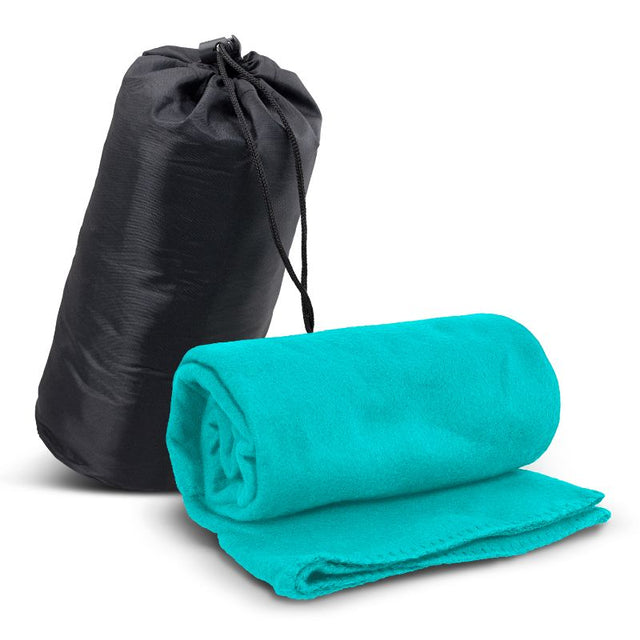 Light blue fleece blanket in a drawstring carry bag, measuring 1200mm x 1500mm, perfect for warmth and portability.