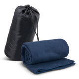 Navy fleece blanket in a drawstring carry bag, measuring 1200mm x 1500mm, perfect for indoor and outdoor use.