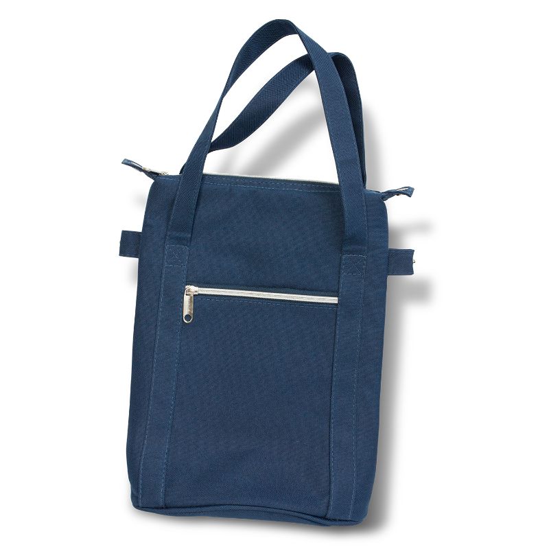 Set of 6 navy wine cooler bags with insulation, carry handles, and zippered pockets for stylish transport of bottles.
