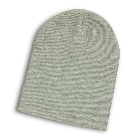 Heather Slouch Grey Beanie: cozy slouch-style, rib knit, chic heather pattern, one size fits most, perfect for chilly days.